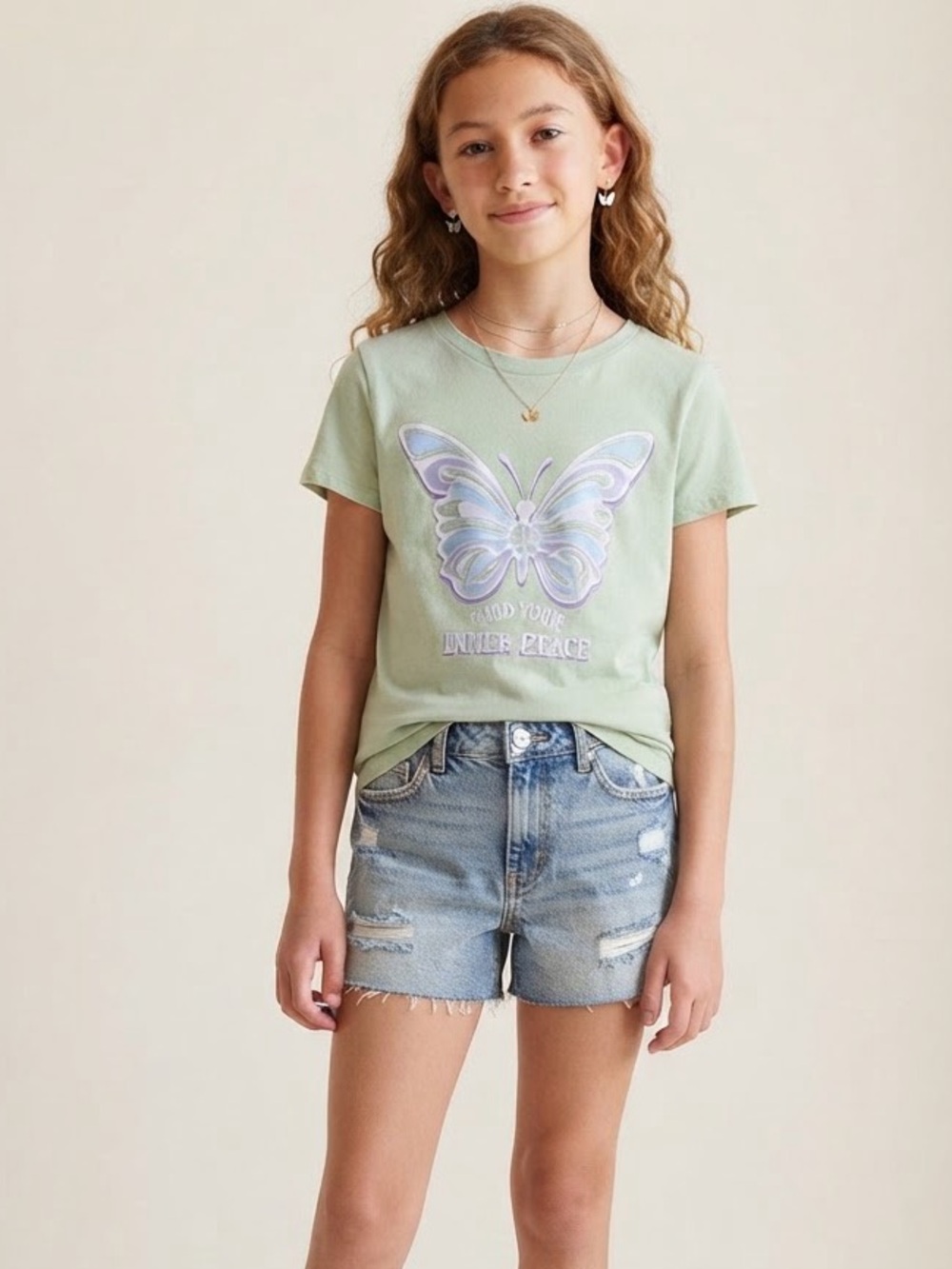 365Kids Girls Light Green Butterfly Graphic Tee Short Sleeve Top